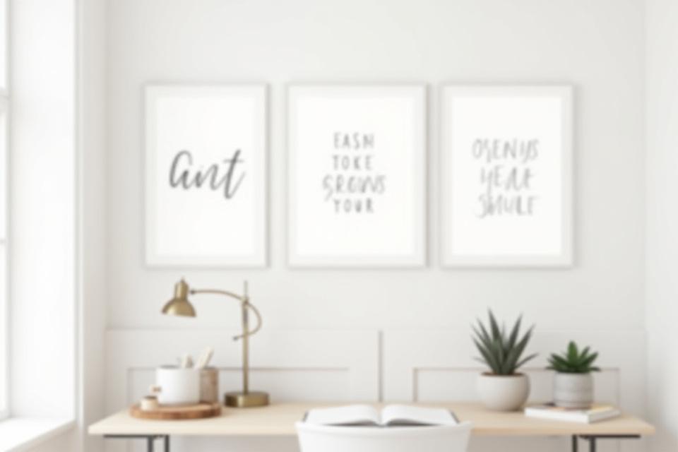 Moderne kontor med innrammede digitale kalligrafi-kunsttrykk på veggen