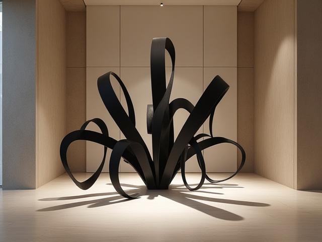 Moderne kunstinstallasjon med kalligrafiske former som henger i et rom, med indirekte belysning.